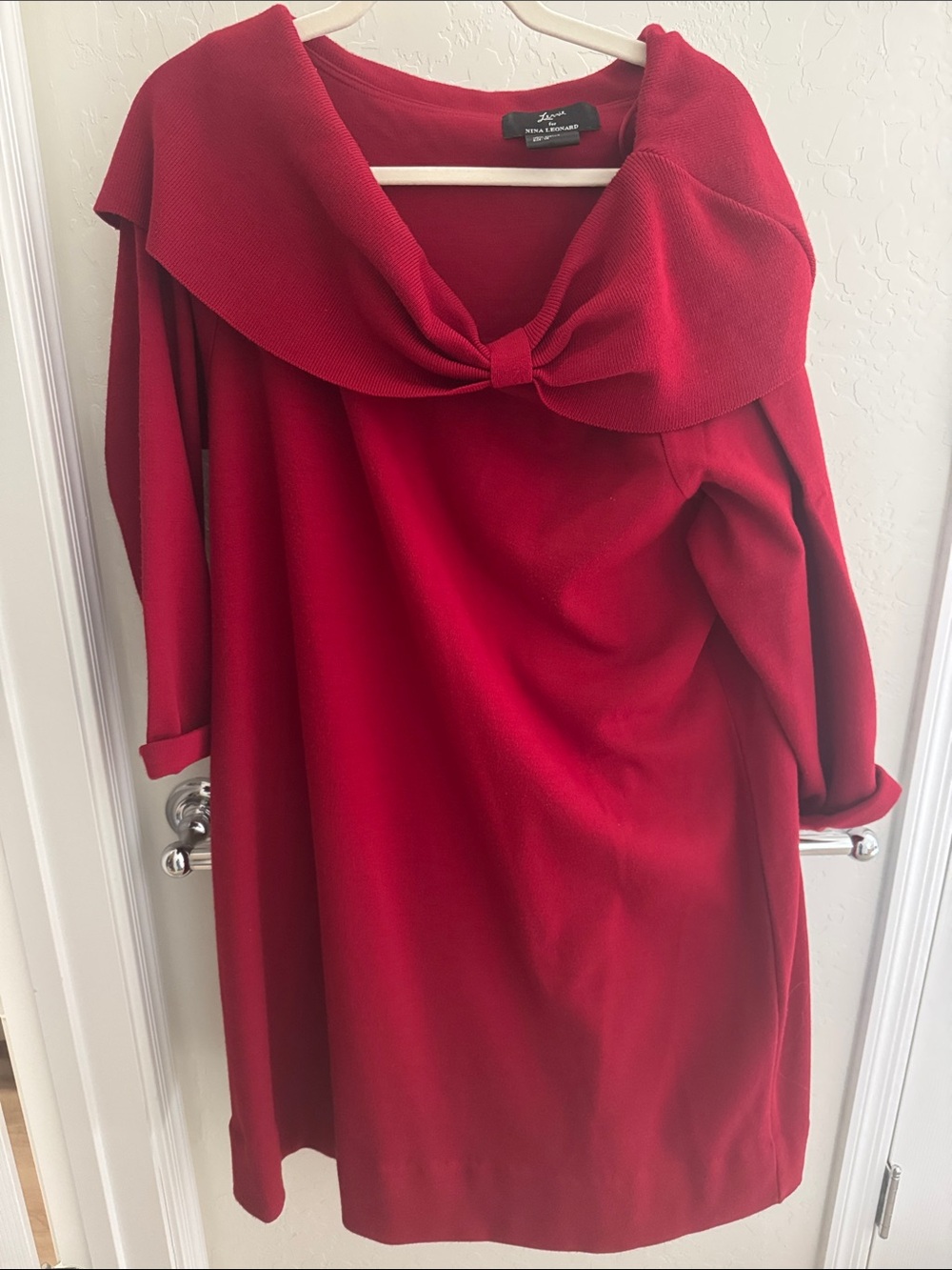 Nina Leonard Red Long-Sleeve Bow Collar Dress